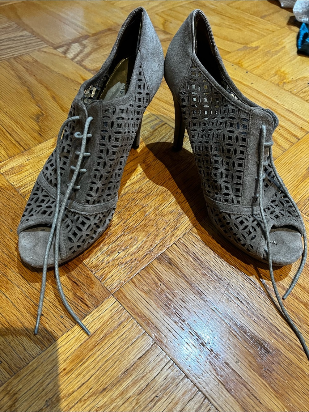 A. Marinelli Taupe Cutout Lace-Up Peep-Toe Stiletto Booties